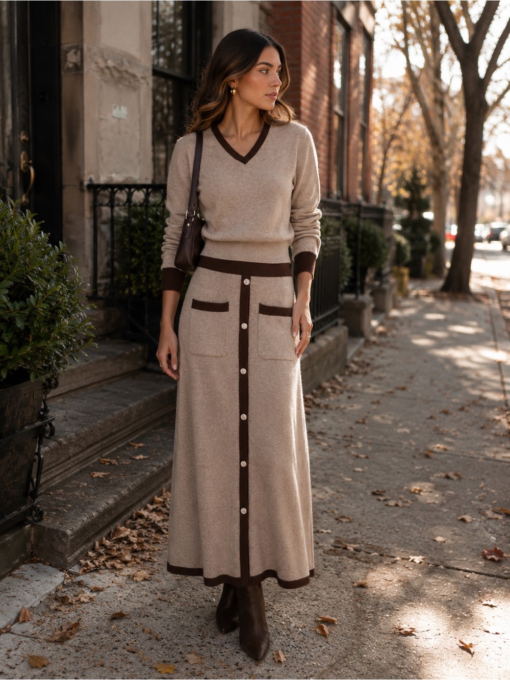 ❄️ Classic Neutral Knit Button-Front Maxi Skirt - Beige with Chocolate Trim